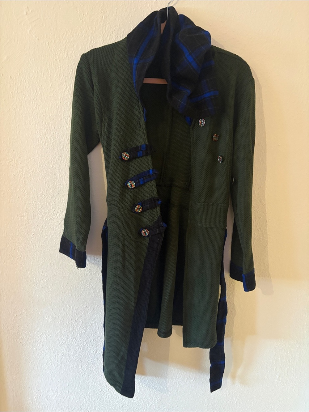 Women’s Olive Green Long Coat with Blue Plaid Trim